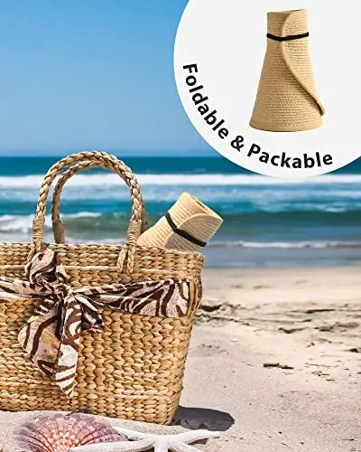 FURTALK Sun Hats for Women Wide Brim Beach Hat Straw Visor Ponytail Summer UV Packable Foldable Beach Vacation Essentials - 5