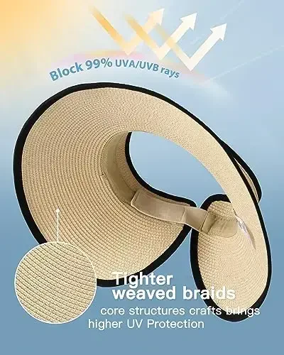 FURTALK Sun Hats for Women Wide Brim Beach Hat Straw Visor Ponytail Summer UV Packable Foldable Beach Vacation Essentials - 2