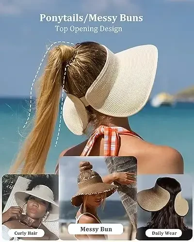 FURTALK Sun Hats for Women Wide Brim Beach Hat Straw Visor Ponytail Summer UV Packable Foldable Beach Vacation Essentials - 3