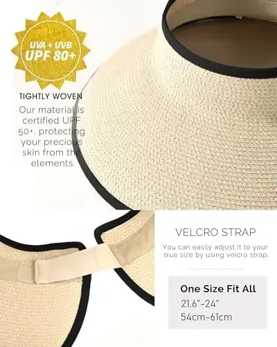 FURTALK Sun Hats for Women Wide Brim Beach Hat Straw Visor Ponytail Summer UV Packable Foldable Beach Vacation Essentials - 5