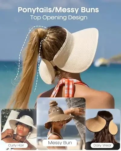 FURTALK Sun Visor Hats for Women Wide Brim Straw Ponytail Summer Beach Hat UV UPF Packable Foldable Travel - 2