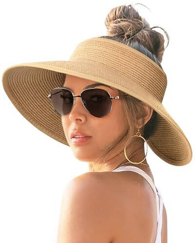 FURTALK Sun Visor Hats for Women Wide Brim Straw Roll-Up Ponytail Summer Beach Hat UV UPF Packable Foldable Travel - 1