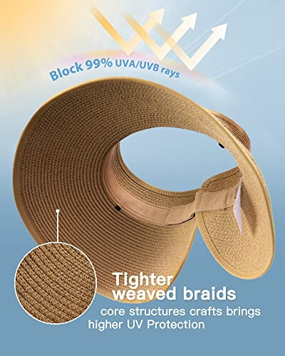 FURTALK Sun Visor Hats for Women Wide Brim Straw Roll-Up Ponytail Summer Beach Hat UV UPF Packable Foldable Travel - 2