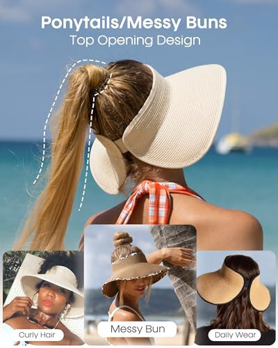 FURTALK Sun Visor Hats for Women Wide Brim Straw Roll-Up Ponytail Summer Beach Hat UV UPF Packable Foldable Travel - 3