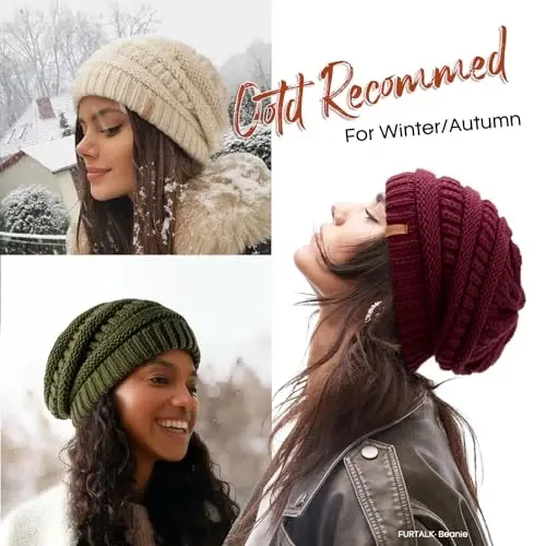 FURTALK Winter Beanie Hat for Women Satin Lined Cable Knit Chunky Slouchy Beanies Skull Warm Cap - 6