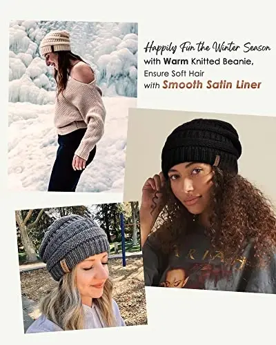 FURTALK Winter Beanie Hat for Women Satin Lined Cable Knit Chunky Slouchy Beanies Skull Warm Cap - 5