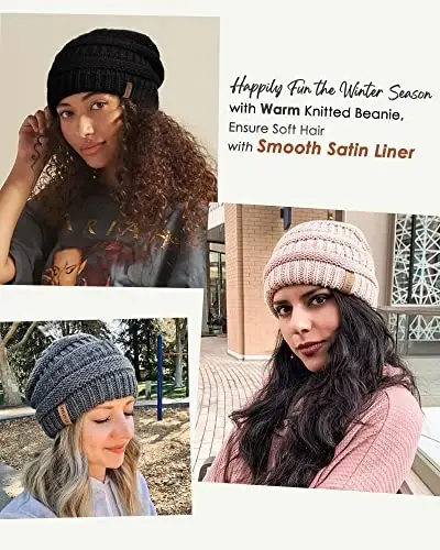 FURTALK Winter Beanie Hat for Women Satin Lined Cable Knit Chunky Slouchy Beanies Skull Warm Cap - 3