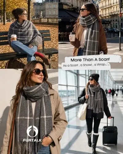 FURTALK Winter Scarf for Women Oversized Plaid Tassel Shawl Wrap | Buttery Soft Fabric,Thick Oversized Fit, AZO-Free, Premium Chic Look, Anti-Pilling Winter Wrap - 5
