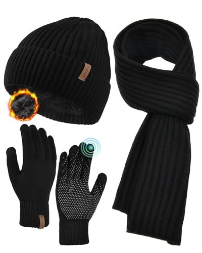 FURTALK Winter Warm Knit Beanie Hat Long Scarf Touchscreen Gloves Set Fleece Lined Skull Cap for Men Women - 7