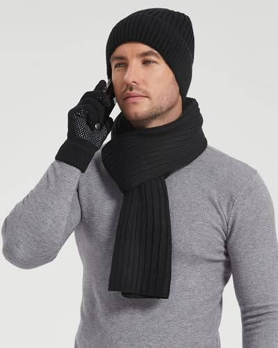 FURTALK Winter Warm Knit Beanie Hat Long Scarf Touchscreen Gloves Set Fleece Lined Skull Cap for Men Women - 12