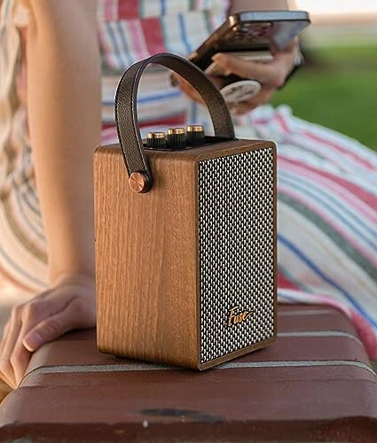 Fuse Andle Vintage Retro Bluetooth Karnay Vegan Teri Tutqichli | Smartfon Ulanishli Ko'chma Karnay | USB & AUX Kirish | Zamonaviy Jigarrang Yog'och Tashqi Qoplama - 4