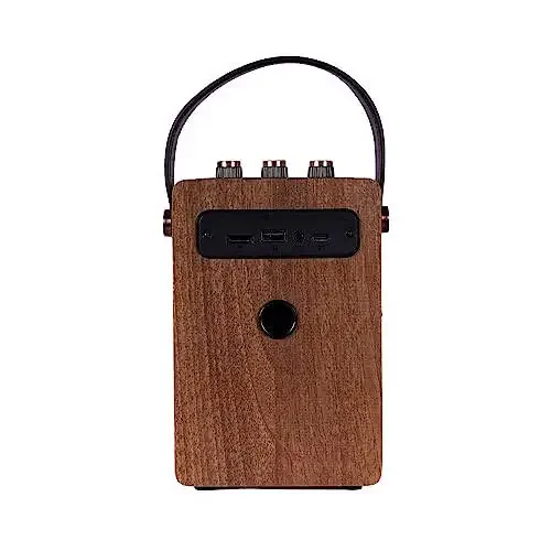 Fuse Andle Vintage Retro Bluetooth Speaker with Vegan Leather Handle | Portable Speaker with Smartphone Connection | USB & AUX Input | Stylish Brown Wood Exterior - 6