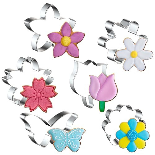 FUSOTO 6PCS Flower Cookie Cutter Set, 3 Inches Flower Shaped Cookie Cutter-Daisy, Tulip, 3 Shaped of Flowers, Butterfly, Stainless Steel Cookie Cutters, Baking Tool for Homemaking Cookie - 1