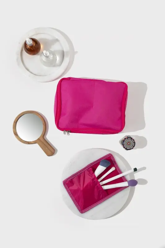 Fuşya - 4 Bölmeli Makyaj Çantası | Bakım Seyahat Makyaj Kozmetik Organizer Çanta-Fuşya - 2