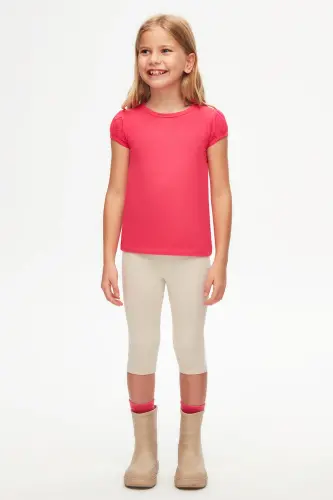 Fuşya Basic Kız Çocuk Sıfır Yaka Karpuz Kol Tişört - FUCHSIA ROSE 
