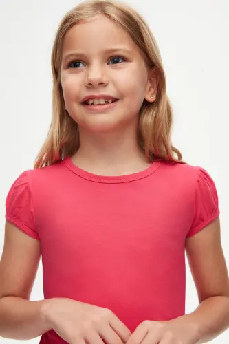 Fuşya Basic Kız Çocuk Sıfır Yaka Karpuz Kol Tişört - FUCHSIA ROSE - 3