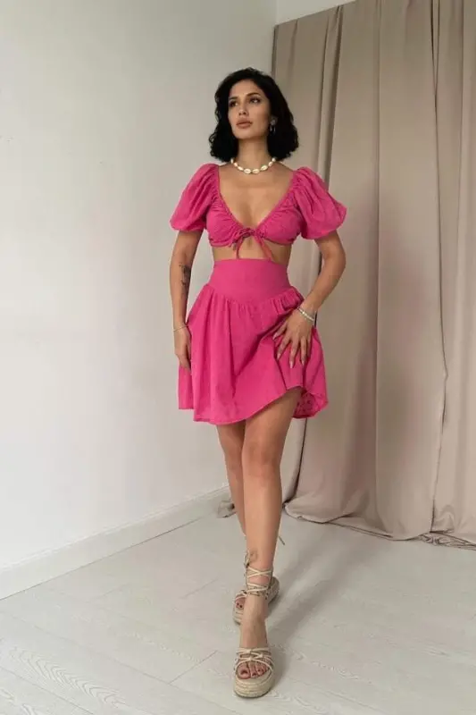 Fuşya Brode Crop Va Mini Etek Takımı - 1