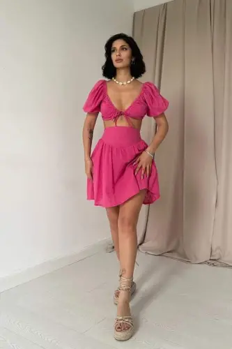 Fuşya Brode Crop Ve Mini Etek Takım - 1