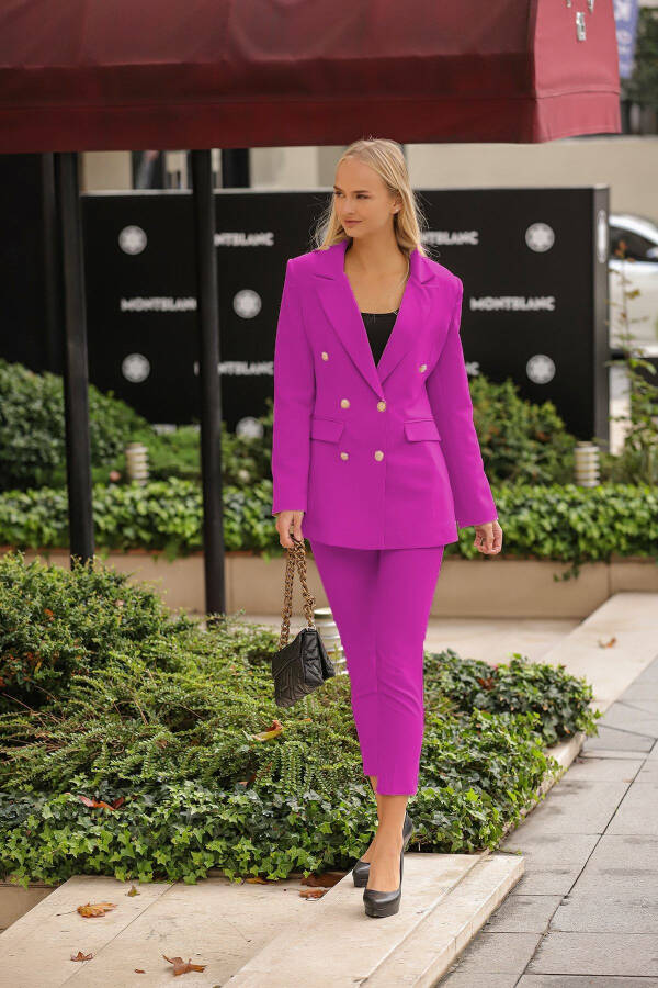 Fuşya Gold Düğme Blazer Ceket Kemerli Cepli Boru Paça Pantolon Takım-Fuşya - 1