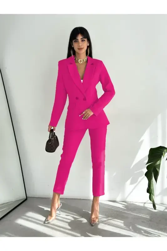 Fuşya Kruvaze Blazer Pidjak Sabzi Pantolon Kostyum-Pushti - DIAVES