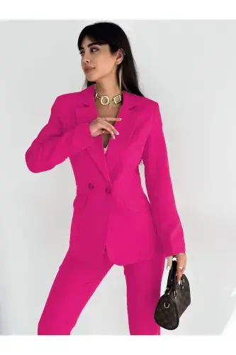 Fuşya Kruvaze Blazer Pidjak Sabzi Pantolon Kostyum-Pushti - DIAVES (1)