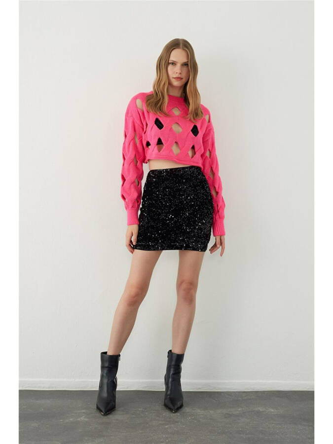 Fuşya Oversize Delikli Triko Crop Kazak-Fuşya - 2