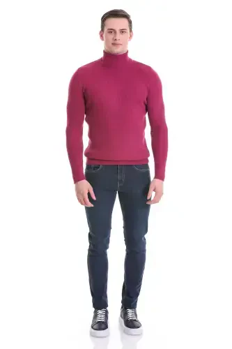 Fuşya Slim Fit Fitilli Balıkçı Yaka Yünlü Triko Kazak-Fuşya - HATEMOĞLU (1)