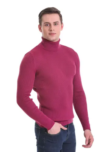 Fuşya Slim Fit Fitilli Balıkçı Yaka Yünlü Triko Kazak - Fuşya - 3