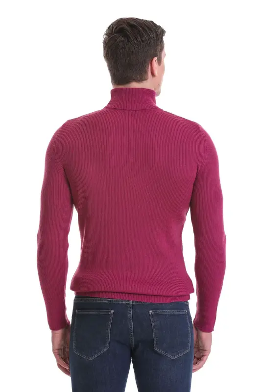 Fuşya Slim Fit Fitilli Balıkçı Yaka Yünlü Triko Kazak - Fuşya - 6
