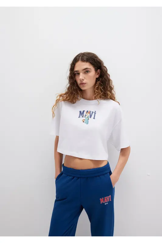 Футболка белая с принтом кошки, укороченная / короткая, 1 - 4