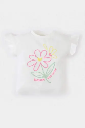 Футболка для девочки с круглым вырезом, с короткими рукавами и цветочным принтом E7805A525SM-Ekru - 1
