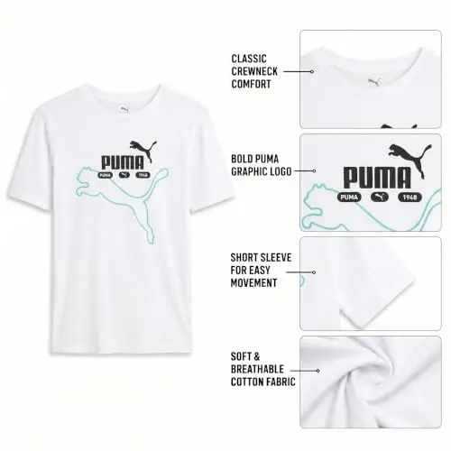 Футболка для мальчиков PUMA — Футболка с логотипом кошки — Спортивная футболка с круглым вырезом и коротким рукавом (S-XL), размер Large, зелено-желтая - 5