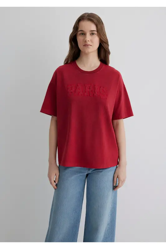 Футболка красная с принтом Paris, oversize / широкий крой - 3