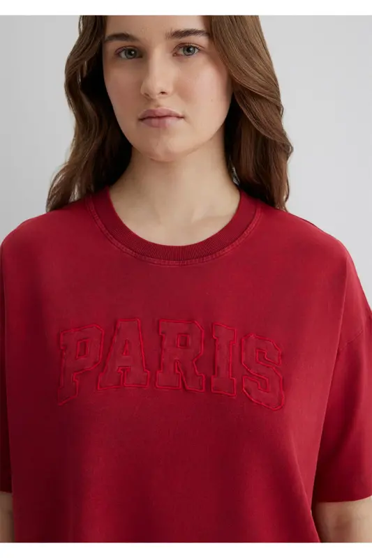 Футболка красная с принтом Paris, oversize / широкий крой - 5