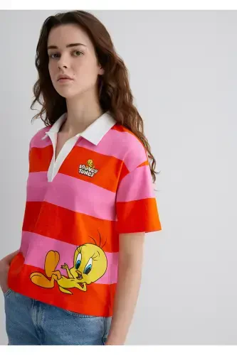 Футболка оранжевая с принтом Tweety, стандартного кроя - 3