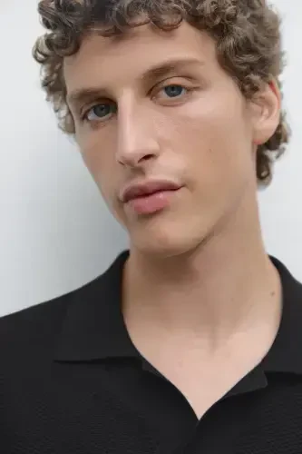 Футболка-поло трикотажная текстурная с короткими рукавами - ТЕМНО-СИНИЙ - 3