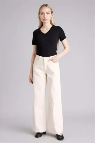 Футболка с коротким рукавом из рибаны, Slim Fit, V-образный вырез, черный - DEFACTO (1)