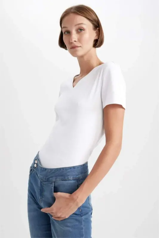 Футболка с коротким рукавом V-образного выреза Slim Fit из 100% хлопка Белая - 3
