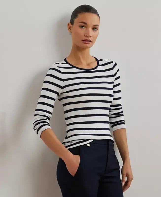 Футболка стрейч с длинными рукавами - белая/королевский синий - LAUREN RALPH LAUREN