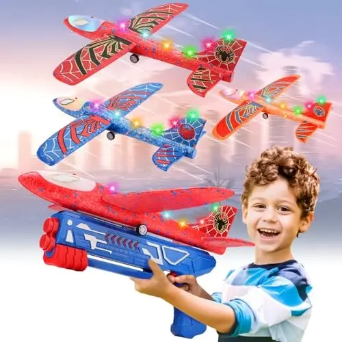 Fuwidvia 3 Pack Airplane Launcher Toys, 13.2'' Spider LED Foam Glider Catapult Plane Toy for Boys, 2 Flight Modes Outdoor Flying Toys Birthday Gifts for Boys Girls 4 5 6 7 8 9 10 11 12 Year Old - 1