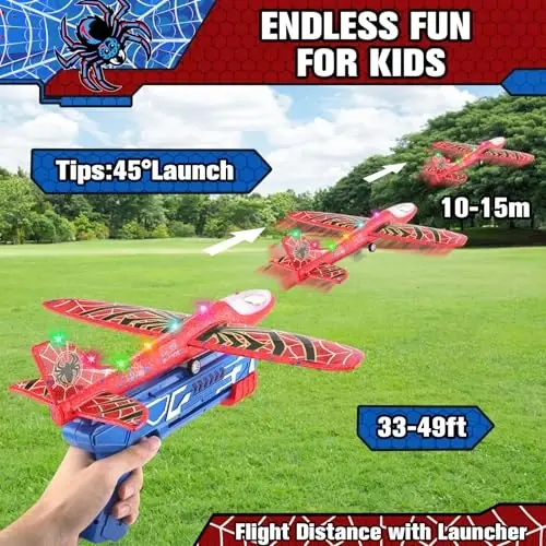 Fuwidvia 3 Pack Airplane Launcher Toys, 13.2'' Spider LED Foam Glider Catapult Plane Toy for Boys, 2 Flight Modes Outdoor Flying Toys Birthday Gifts for Boys Girls 4 5 6 7 8 9 10 11 12 Year Old - 2
