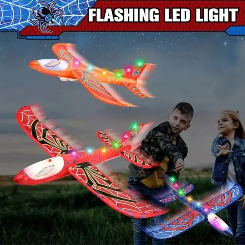 Fuwidvia 3 Pack Airplane Launcher Toys, 13.2'' Spider LED Foam Glider Catapult Plane Toy for Boys, 2 Flight Modes Outdoor Flying Toys Birthday Gifts for Boys Girls 4 5 6 7 8 9 10 11 12 Year Old - 4