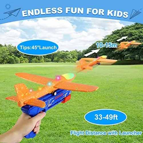 Fuwidvia 3 Pack Airplane Launcher Toys, 13.2'' LED Foam Glider Plane Toy for Boys, 2 Flight Modes Outdoor Flying Toys Birthday Gifts for Boys Girls 4 5 6 7 8 9 10 11 12 Year Old (Blue&Green&Orange) - 2
