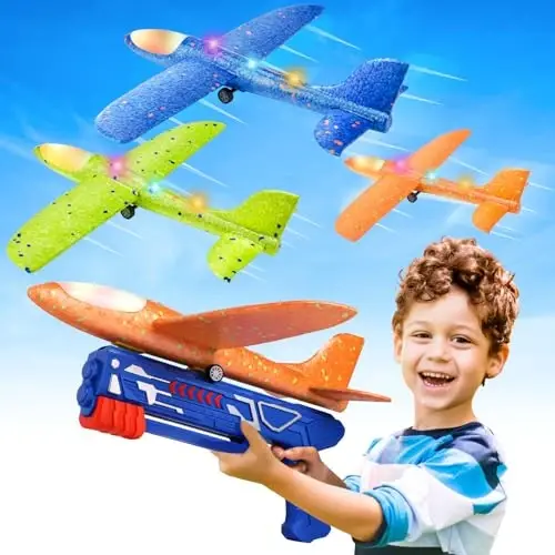 Fuwidvia 3 Pack Airplane Launcher Toys, 13.2'' LED Foam Glider Plane Toy for Boys, 2 Flight Modes Outdoor Flying Toys Birthday Gifts for Boys Girls 4 5 6 7 8 9 10 11 12 Year Old (Blue&Green&Orange) 
