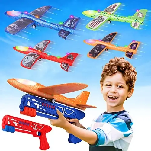Fuwidvia 4 Pack Airplane Launcher Toys, 2 Flight Modes LED Foam Plane Toy for Boys, Outdoor Flying Toys Birthday Gifts for Boys Girl 4 5 6 7 8 9 10 11 12 Year Old 