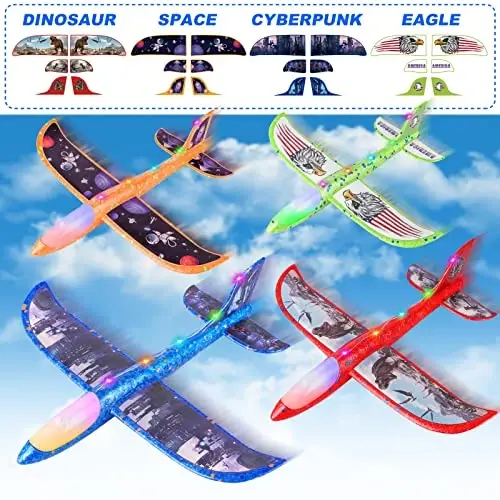 Fuwidvia 4 Pack Airplane Launcher Toys, 2 Flight Modes LED Foam Plane Toy for Boys, Outdoor Flying Toys Birthday Gifts for Boys Girl 4 5 6 7 8 9 10 11 12 Year Old - 3