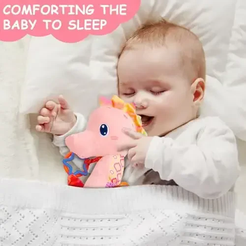 Fuzqq Baby Girl Toys 0-6 Months,Musical Stuffed Animal Plush Toy with Rattle,Soft Newborn Toy for 0 3 6 9 12 Months Girls,Baby Girl Gift,Pink - 5