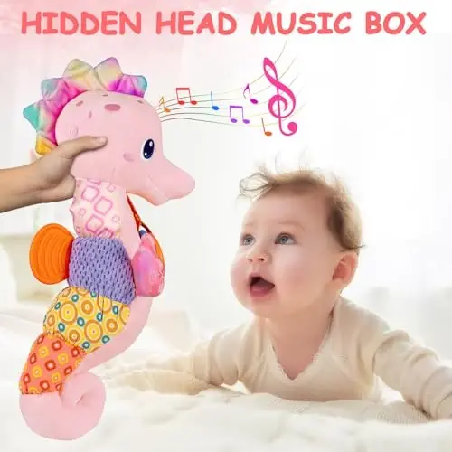 Fuzqq Baby Girl Toys 0-6 Months,Musical Stuffed Animal Plush Toy with Rattle,Soft Newborn Toy for 0 3 6 9 12 Months Girls,Baby Girl Gift,Pink - 3