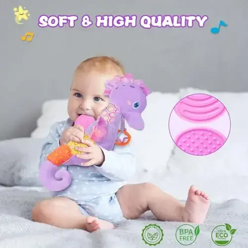 Fuzqq Baby Girl Toys 0-6 Months,Musical Stuffed Animal Plush Toy with Rattle,Soft Newborn Toy for 0 3 6 9 12 Months Girls,Baby Girl Gift,Purple - 4