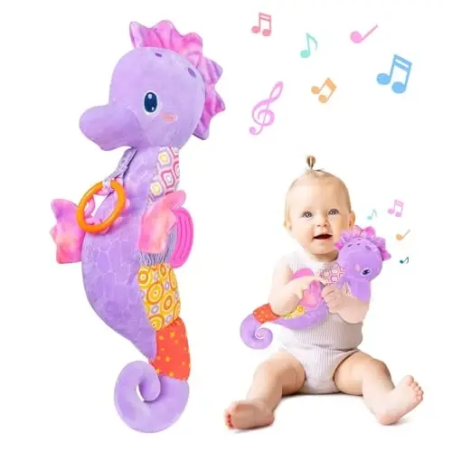 Fuzqq Baby Girl Toys 0-6 Months,Musical Stuffed Animal Plush Toy with Rattle,Soft Newborn Toy for 0 3 6 9 12 Months Girls,Baby Girl Gift,Purple - FUZQQ